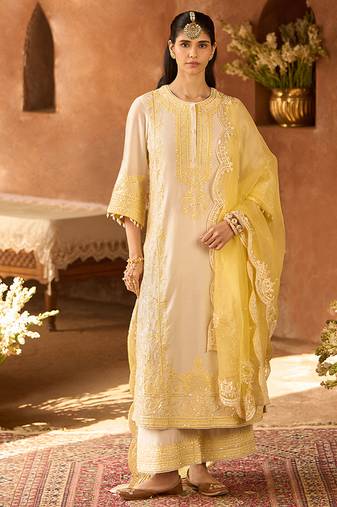 Lemon yellow embroidered silk chanderi kurta set
