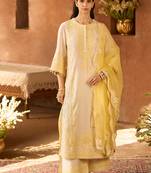 Lemon yellow embroidered silk chanderi kurta set