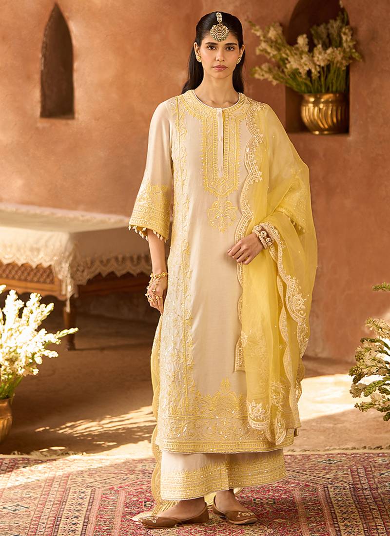 Lemon yellow embroidered silk chanderi kurta set