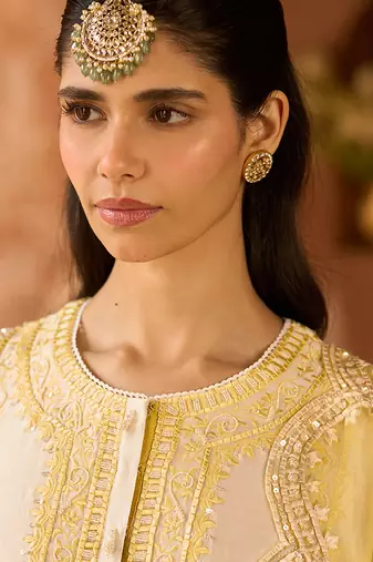 Lemon yellow embroidered silk chanderi kurta set