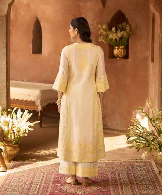 Lemon yellow embroidered silk chanderi kurta set 4