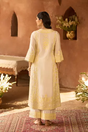 Lemon yellow embroidered silk chanderi kurta set