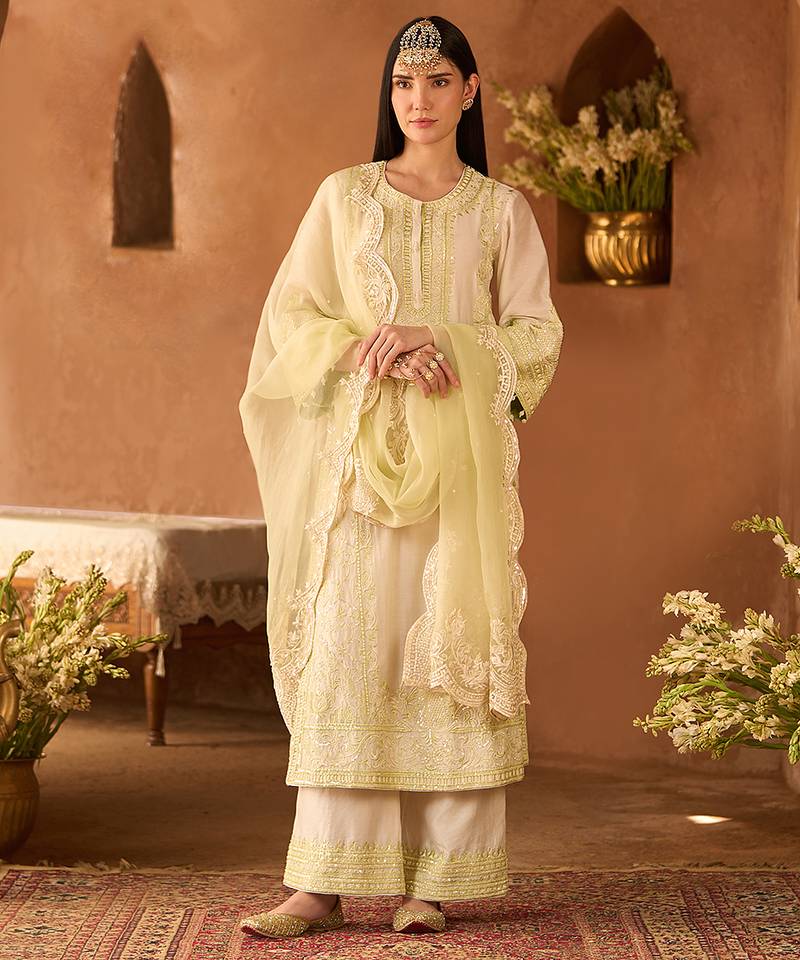 Mint green embroidered silk chanderi kurta set