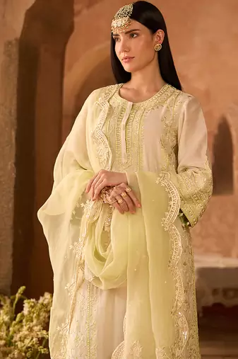 Mint green embroidered silk chanderi kurta set