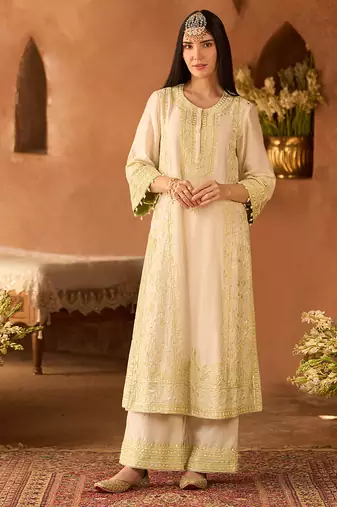 Mint green embroidered silk chanderi kurta set