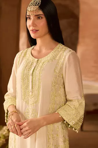 Mint green embroidered silk chanderi kurta set