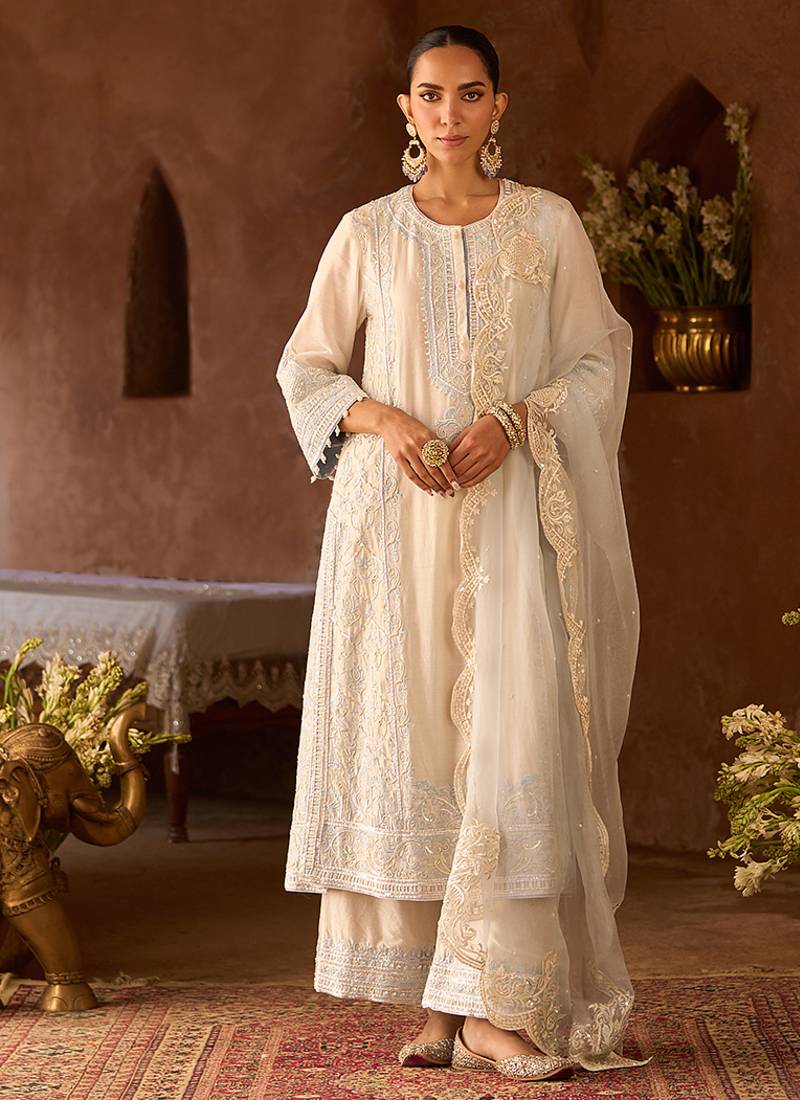 Daisy ivory blue embroidered silk chanderi kurta set