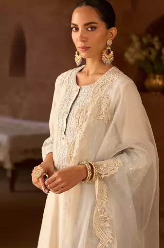Daisy ivory blue embroidered silk chanderi kurta set