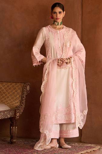Pink embroidered silk chanderi kurta set