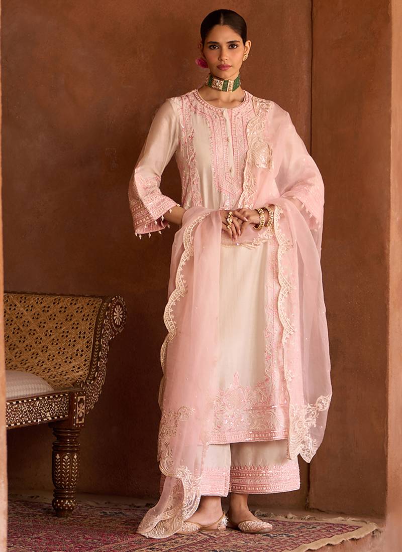 Pink embroidered silk chanderi kurta set