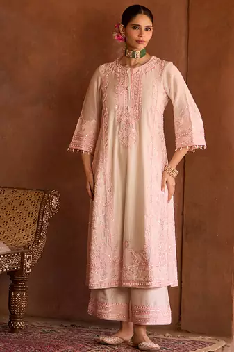 Pink embroidered silk chanderi kurta set