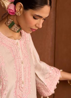 Pink embroidered silk chanderi kurta set 5