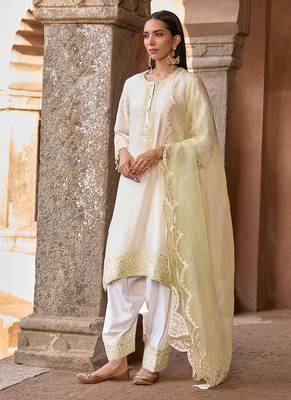 Mint green embroidered silk chanderi kurta set 1