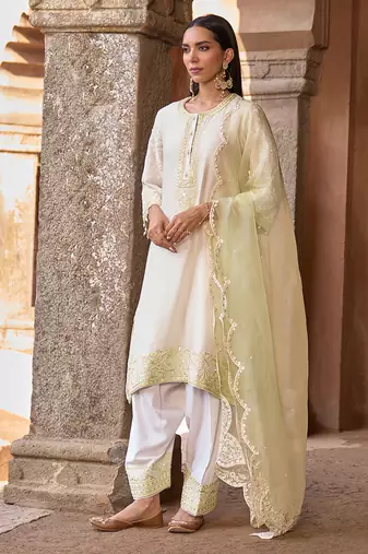 Mint green embroidered silk chanderi kurta set