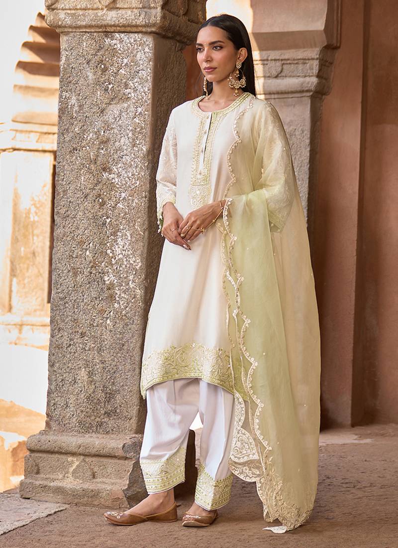 Mint green embroidered silk chanderi kurta set