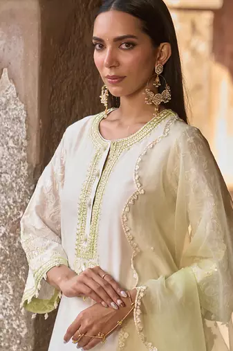 Mint green embroidered silk chanderi kurta set