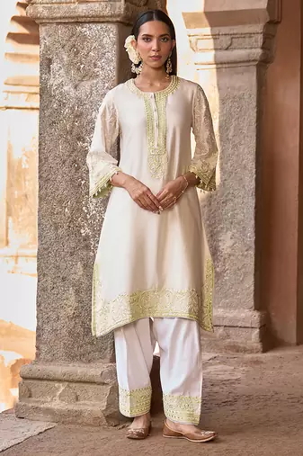 Mint green embroidered silk chanderi kurta set