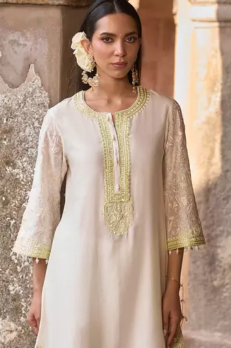 Mint green embroidered silk chanderi kurta set