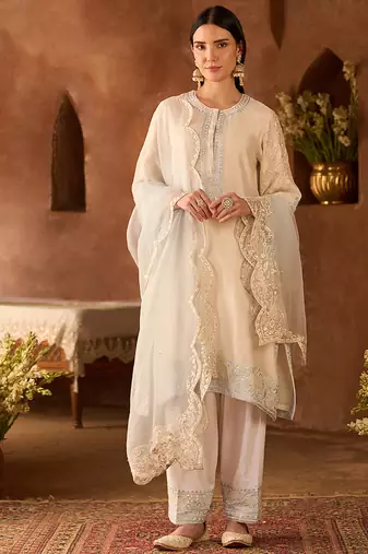 Daisy ivory blue embroidered silk chanderi kurta set