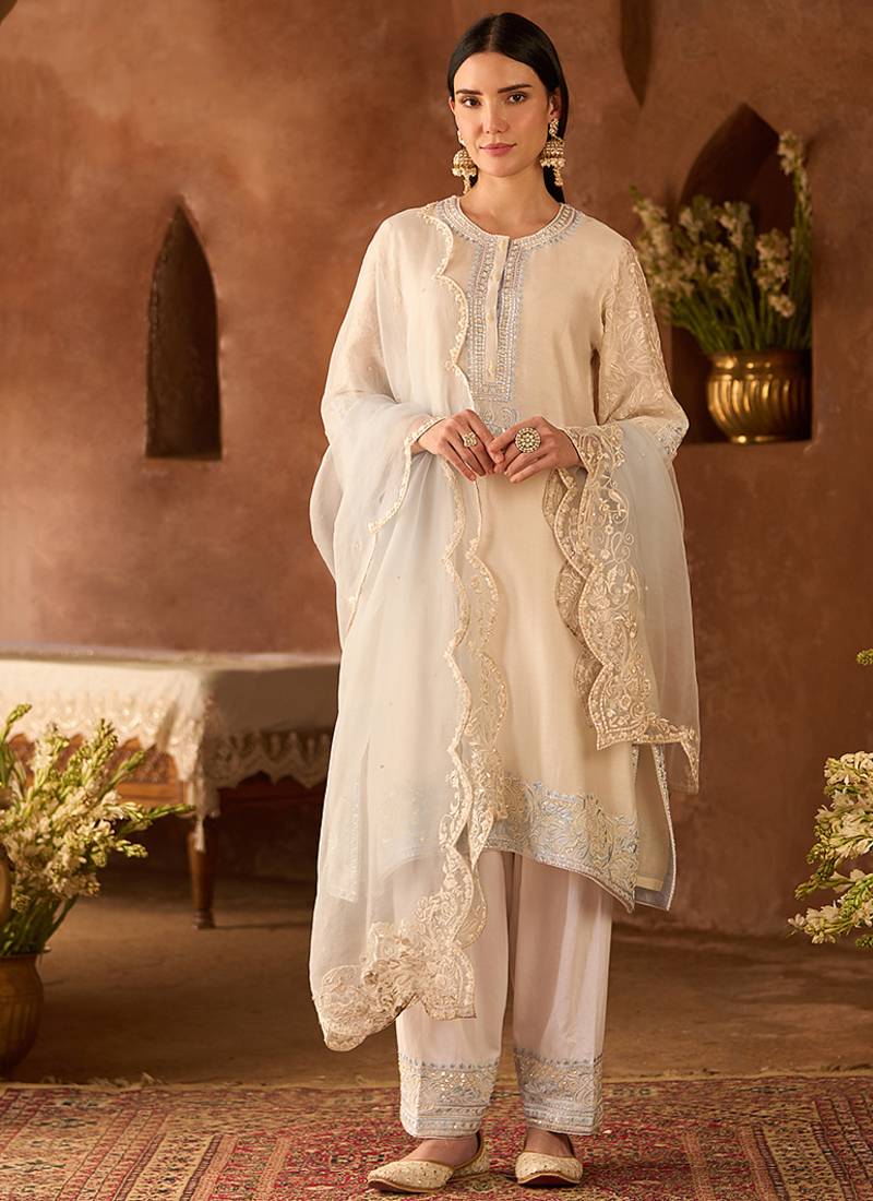 Daisy ivory blue embroidered silk chanderi kurta set