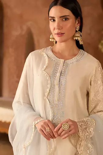 Daisy ivory blue embroidered silk chanderi kurta set