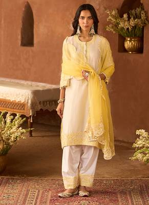 Lemon yellow embroidered silk chanderi kurta set 1