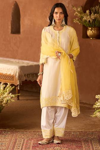 Lemon yellow embroidered silk chanderi kurta set
