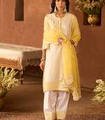 Lemon yellow embroidered silk chanderi kurta set
