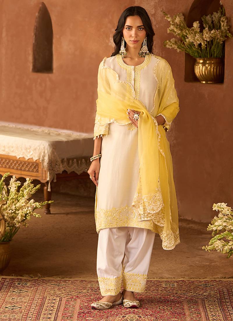 Lemon yellow embroidered silk chanderi kurta set