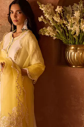 Lemon yellow embroidered silk chanderi kurta set