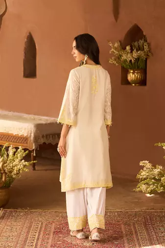 Lemon yellow embroidered silk chanderi kurta set