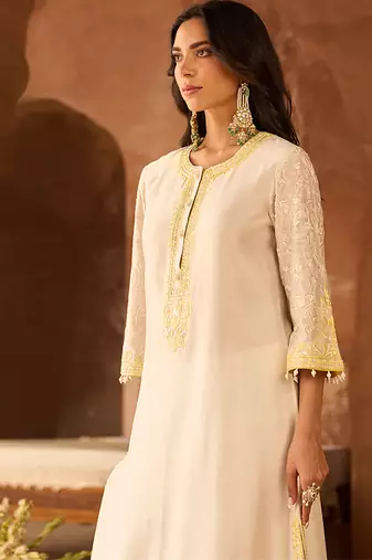 Lemon yellow embroidered silk chanderi kurta set