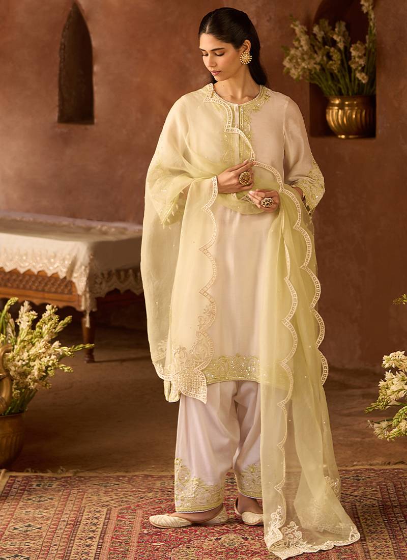 Mint green embroidered silk chanderi kurta set
