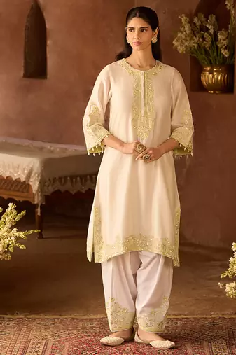 Mint green embroidered silk chanderi kurta set