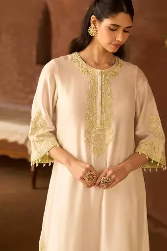 Mint green embroidered silk chanderi kurta set