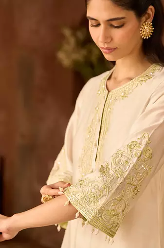 Mint green embroidered silk chanderi kurta set