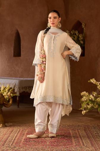 Daisy ivory blue embroidered silk chanderi kurta set