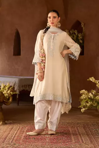 Daisy ivory blue embroidered silk chanderi kurta set