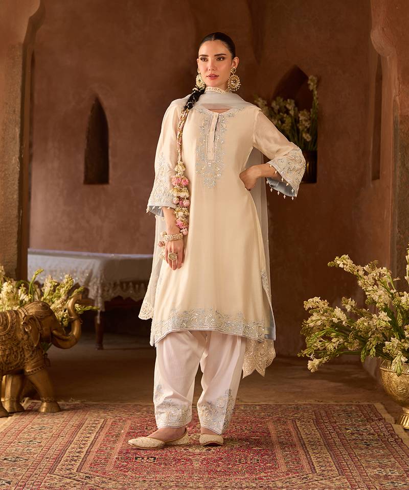 Daisy ivory blue embroidered silk chanderi kurta set