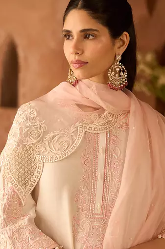Pink embroidered silk chanderi kurta set