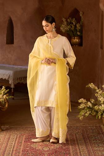 Lemon yellow embroidered silk chanderi kurta set