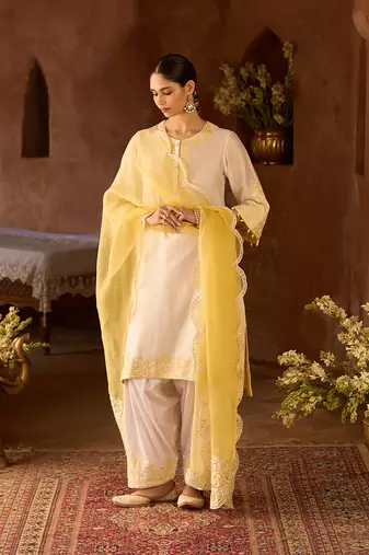 Lemon yellow embroidered silk chanderi kurta set