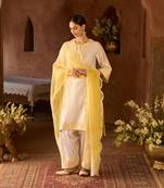 Lemon yellow embroidered silk chanderi kurta set
