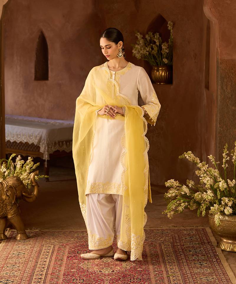 Lemon yellow embroidered silk chanderi kurta set