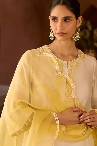 Lemon yellow embroidered silk chanderi kurta set
