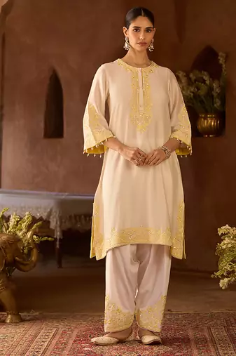 Lemon yellow embroidered silk chanderi kurta set