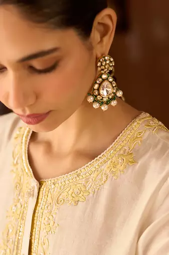 Lemon yellow embroidered silk chanderi kurta set