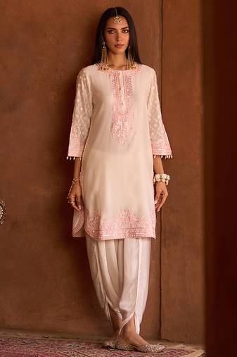 Pink embroidered silk chanderi kurta set