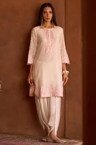 Pink embroidered silk chanderi kurta set