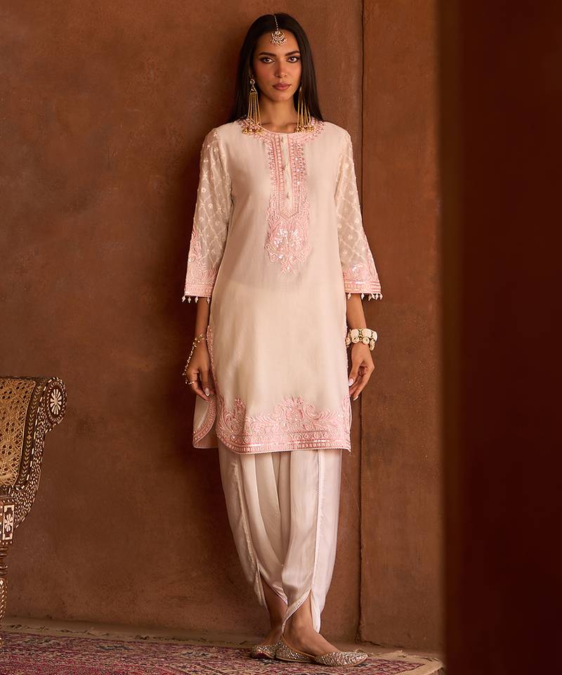Pink embroidered silk chanderi kurta set